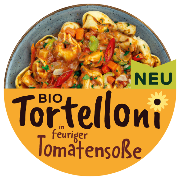 Bio Tortelloni in feuriger Tomatensoße Planet V Pasta Frischegericht