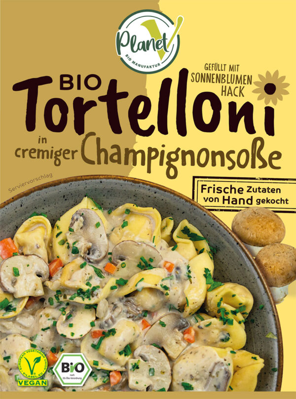 Bio Tortelloni in cremiger Champignonsoße Planet V Pasta Frischegericht