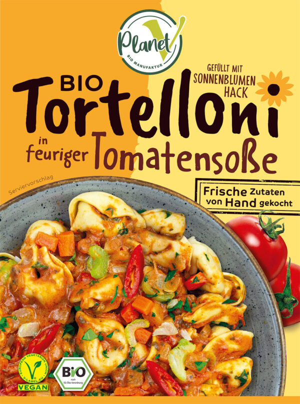 Bio Tortelloni in feuriger Tomatensoße Planet V Pasta Frischegericht