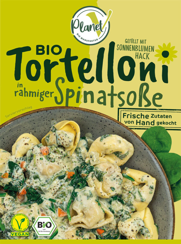 Bio Tortelloni in rahmiger Spinatsoße Planet V Pasta Frischegericht